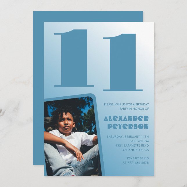 Blue gradient 11th birthday invitations Boy Photo (Front/Back)