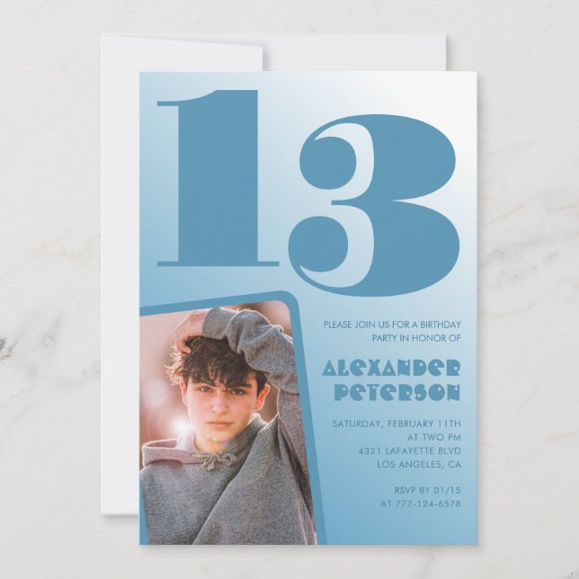 Blue gradient 13th birthday invitations Boy Photo (Front)