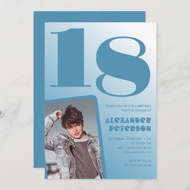 Blue gradient 18th birthday invitations Boy Photo (Front/Back)