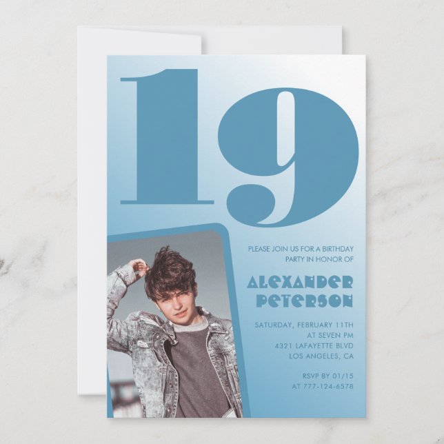 Blue gradient 19th birthday invitations Boy Photo (Front)