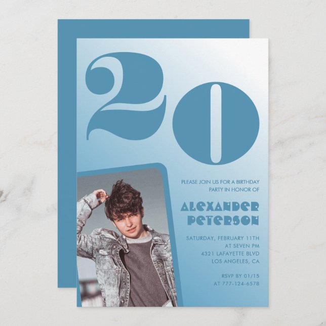 Blue gradient 20th birthday invitations Him Photo (Front/Back)