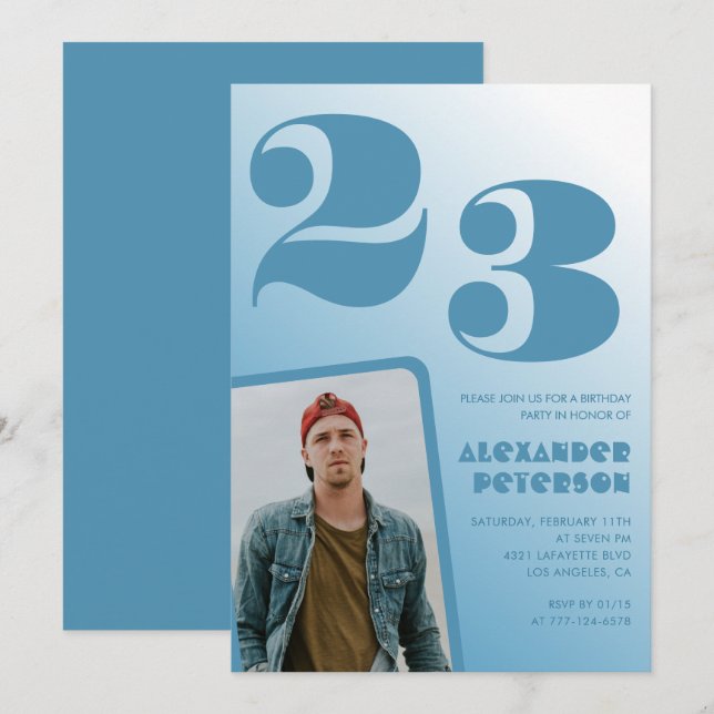 Blue gradient 23rd birthday invitations Him Photo (Front/Back)