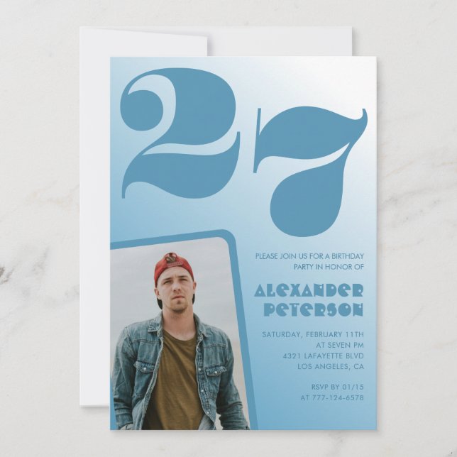 Blue gradient 27th birthday invitations Boy Photo (Front)