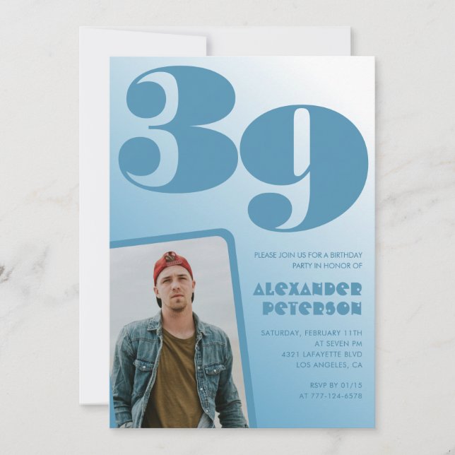Blue gradient 39th birthday invitations Men Photo (Front)