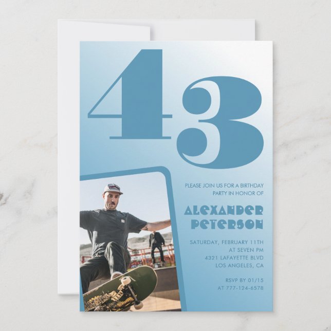 Blue gradient 43rd birthday invitations Men Photo (Front)