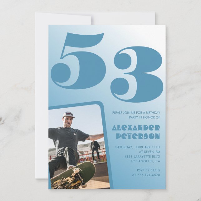 Blue gradient 53rd birthday invitations Men Photo (Front)