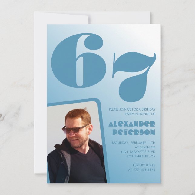 Blue gradient 67th birthday invitations Men Photo (Front)