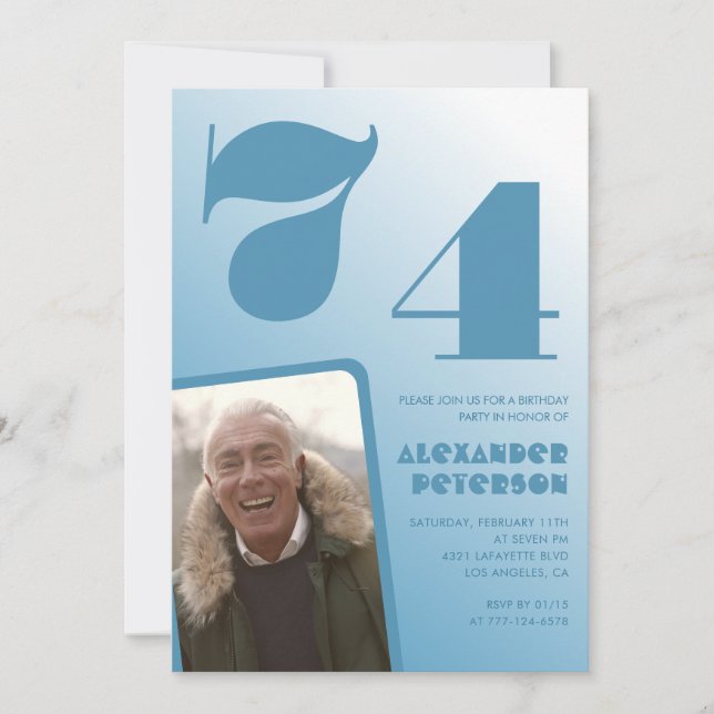 Blue gradient 74th birthday invitations Men Photo (Front)