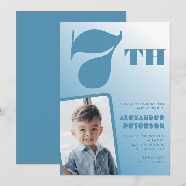 Blue Gradient 7th birthday invitations Photo (Front/Back)