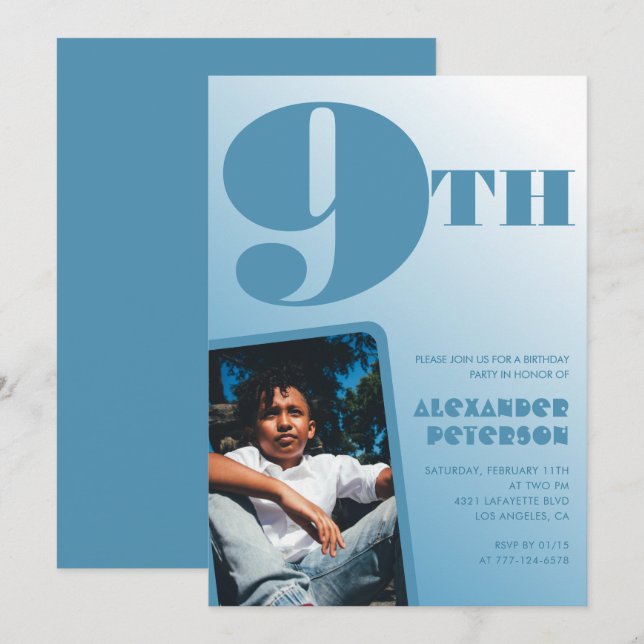Blue Gradient 9th birthday invitations Photo (Front/Back)