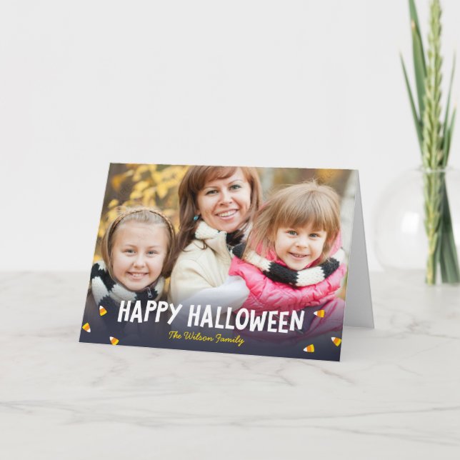 Blue Gradient Candy Corn Happy Halloween Photo Card (Front)