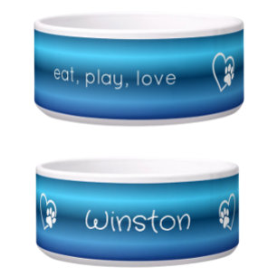 Blue Gradient Eat Play Love Custom Dog Name Bowl
