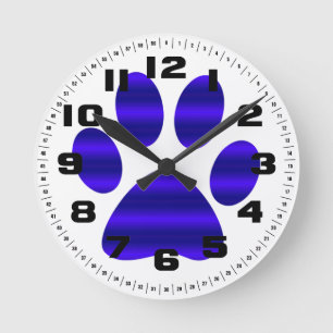 Blue Gradient Paw Print Round Clock