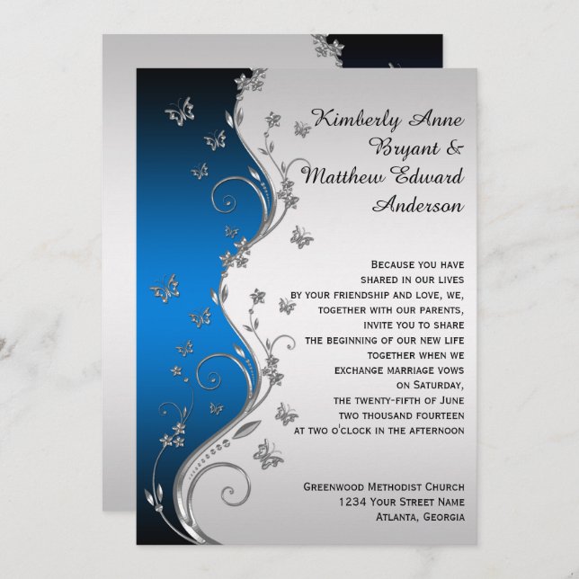 Blue Gradient Silver Ornate Butterflies Kristin Invitation (Front/Back)