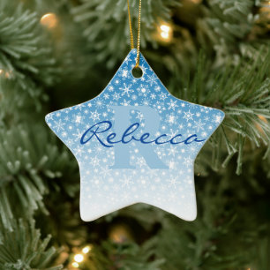 Blue gradient snowflakes personalised ceramic ornament