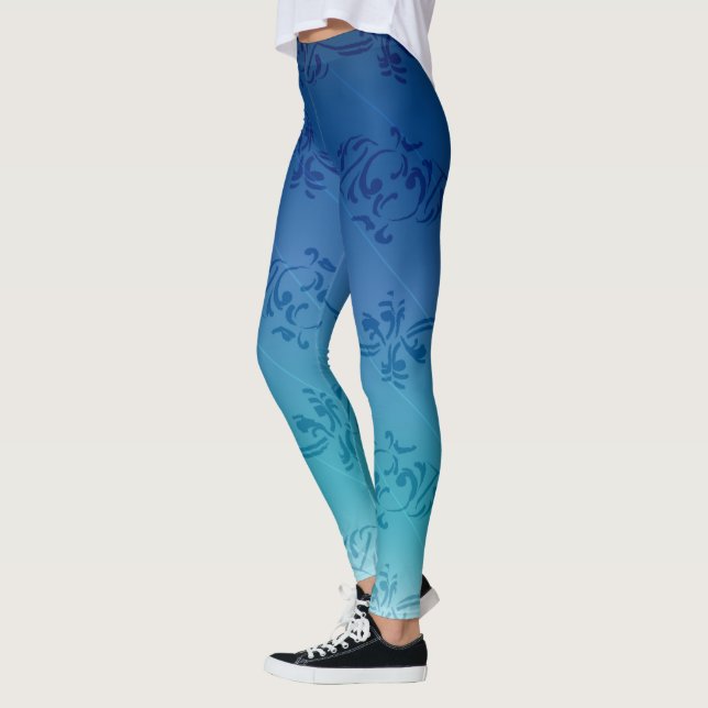 Blue Gradient Striped Floral Leaf Pattern Leggings (Left)