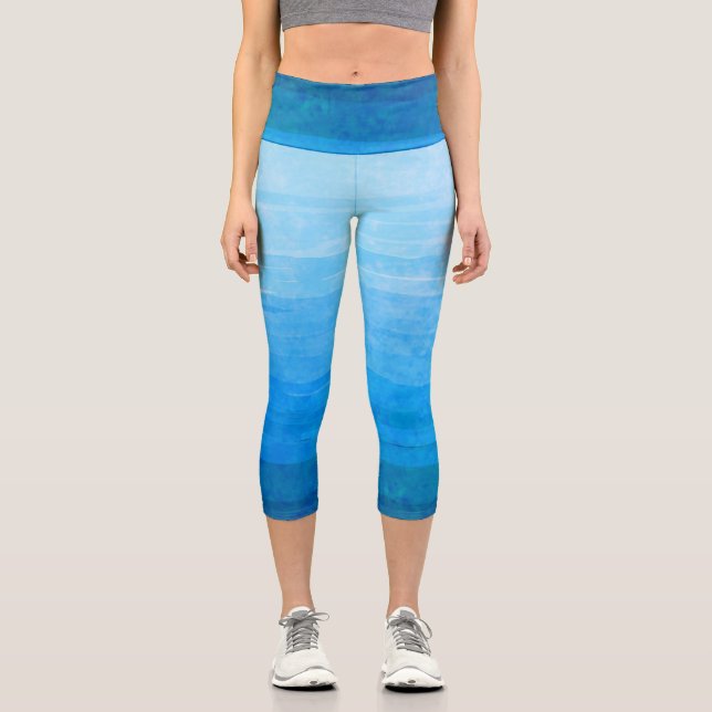 Blue Gradient Stripes Faded   Capri Leggings (Front)