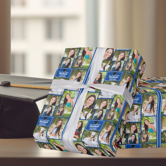Blue Graduate 9 Photo Collage Modern Graduation Wrapping Paper (Creator Uploaded)
