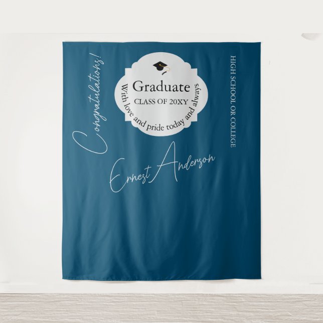 Blue Graduate Congratulations Graduation Backdrop Tapestry (Front)