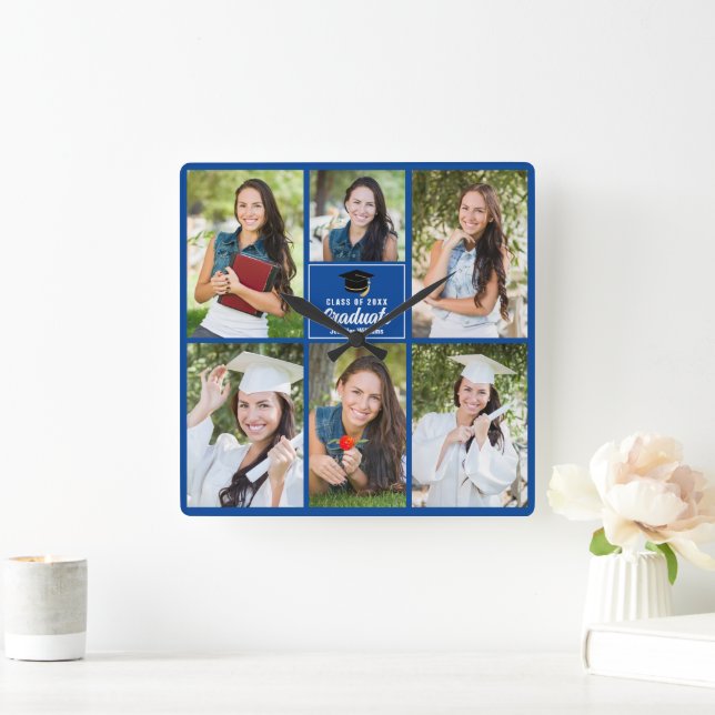 Blue Graduate Photo Collage 2025 Custom Graduation Square Wall Clock (Home)