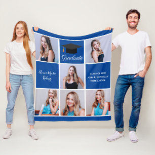 Blue Graduate Photo Collage Custom Graduation 2025 Fleece Blanket