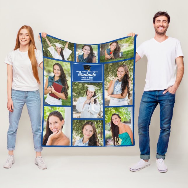 Blue Graduate Photo Collage Custom Graduation Fleece Blanket (In Situ)