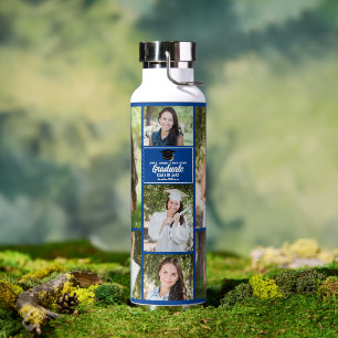 Blue Graduate Photo Collage Modern Graduation Water Bottle
