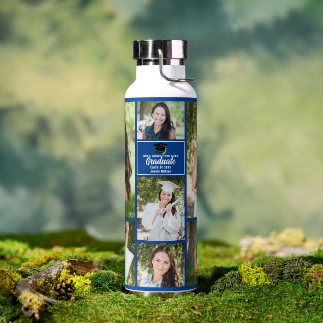 Blue Graduate Photo Collage Modern Graduation Water Bottle (Outdoor)