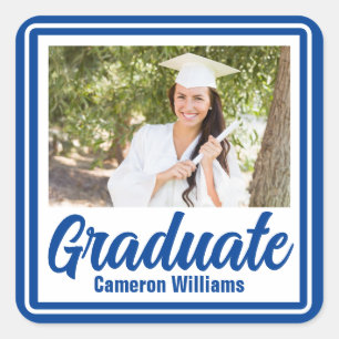 Blue Graduate Photo Personalised Graduation Square Sticker