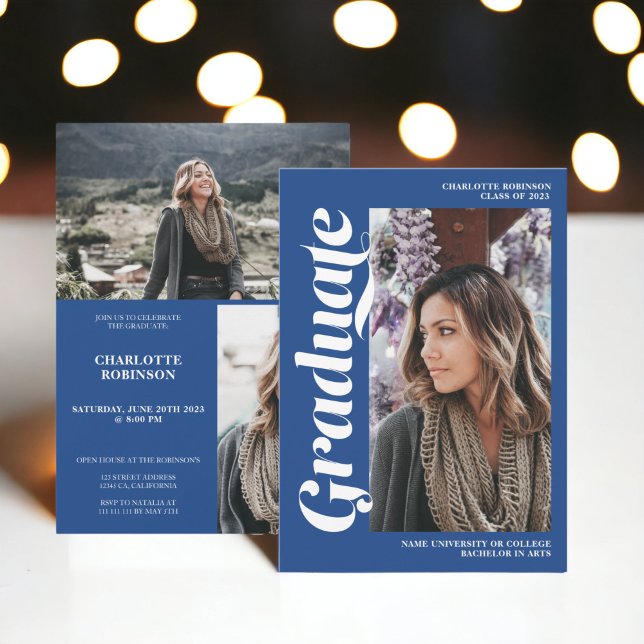 Blue graduate script 3 photo graduation invitation (Blue graduate script 3 photo graduation invitation)