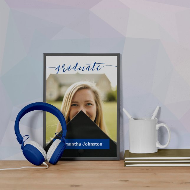 Blue Graduate Script Modern Photo Poster (Creator Uploaded)