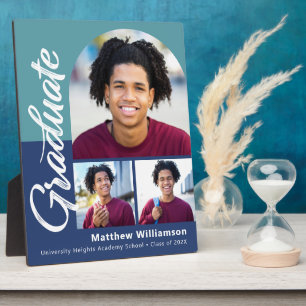 Blue Graduation 3 Photo Bold Arch Script Modern Plaque