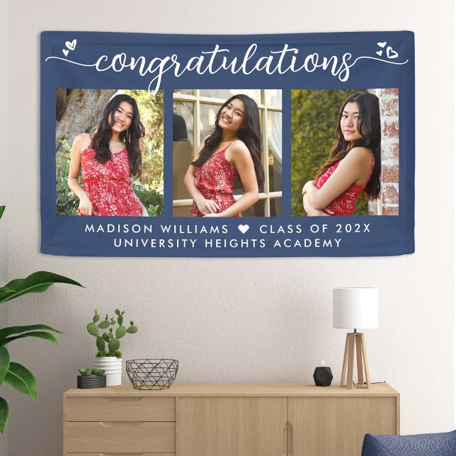 Blue Graduation 3 Photo Modern Calligraphy Hearts Banner (Creator Uploaded)
