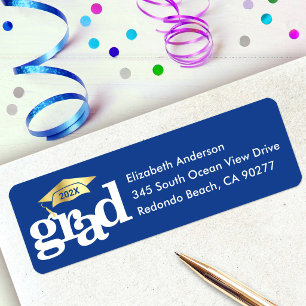 Blue Graduation Bold Modern Type Gold Cap Address Return Address Label