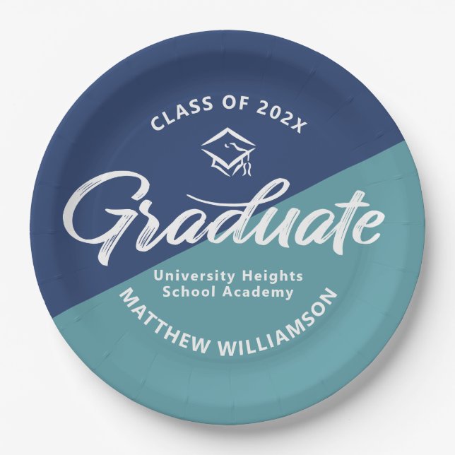 Blue Graduation Bold Retro Script Cap Icon Minimal Paper Plate (Front)