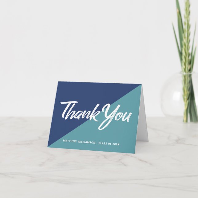 Blue Graduation Bold Script Cap Icon Retro Minimal Thank You Card (Front)