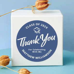 Blue Graduation Bold Script Cap Thank You Minimal Classic Round Sticker