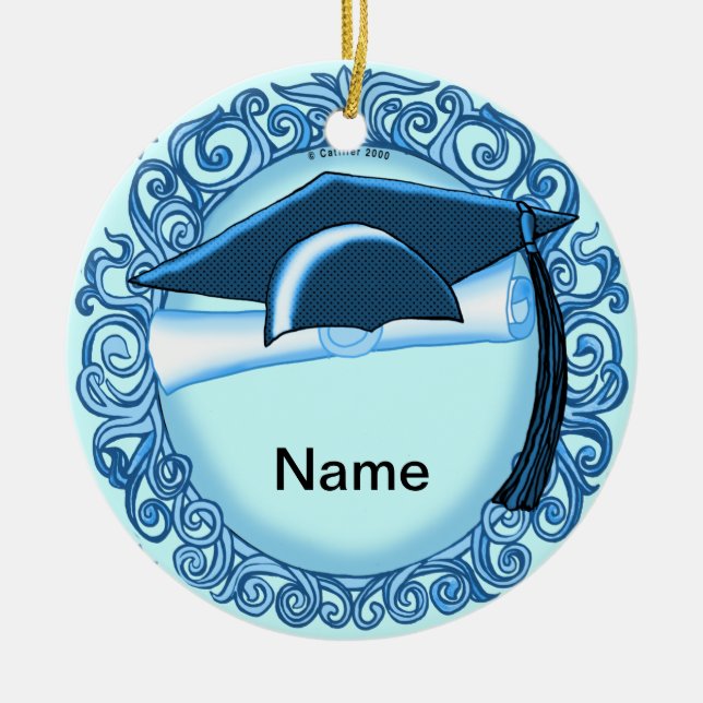 Blue Graduation Cap Ceramic Ornament (Front)