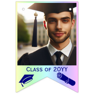 Blue Graduation Cap, Diploma & 16-Photo on Rainbow Bunting