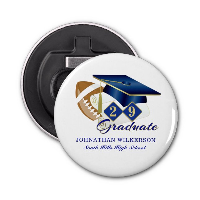 Blue Graduation Cap Football Personalised Bottle Opener (Front)