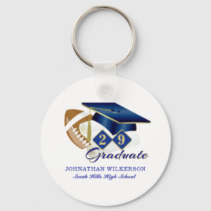 Blue Graduation Cap Football Personalised Key Ring