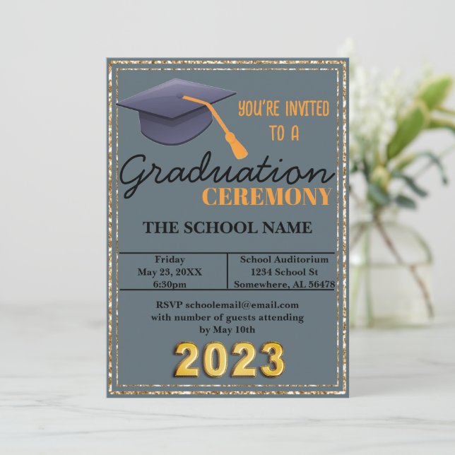Blue Graduation Cap  Invitation (Standing Front)