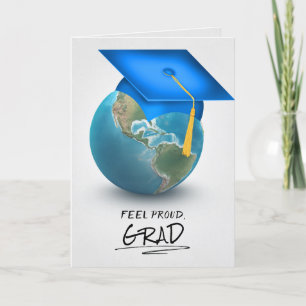 blue graduation cap on globe card