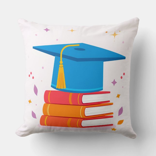 Blue Graduation Cap With Books Cushion (Front)