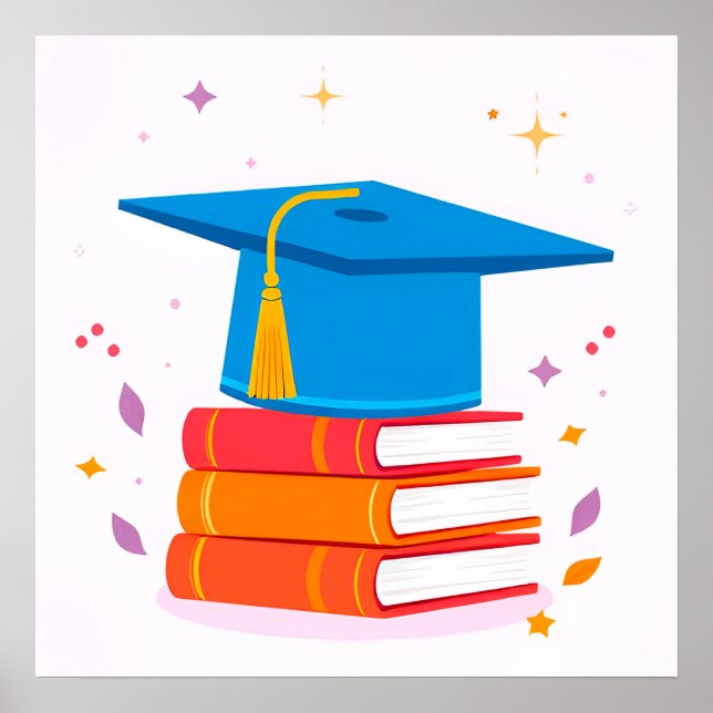Blue Graduation Cap With Books Poster (Front)