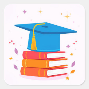 Blue Graduation Cap With Books Square Sticker
