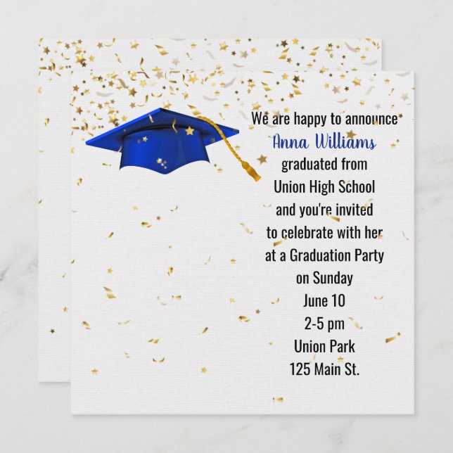 Blue Graduation Cap with Gold Confetti  Invitation (Front/Back)
