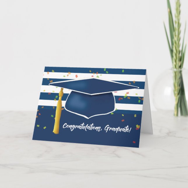 Blue Graduation Cap with Stripes and Confetti Card (Front)