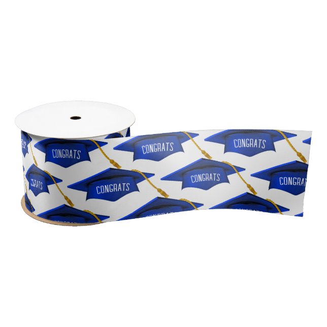 Blue Graduation Caps with Congrats Text  Satin Ribbon (Spool)