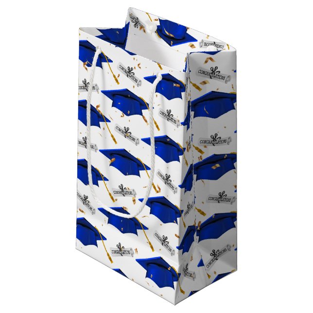 Blue Graduation Caps with Diplomas Small Gift Bag (Front Angled)